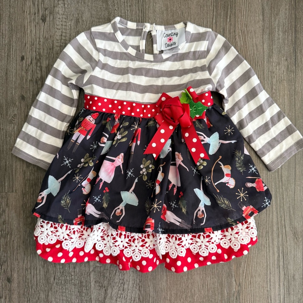 Counting Daisies Striped and Nutcracker Patterned Dress with Red Accents
